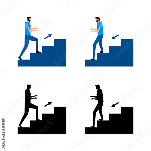 Man walking stairs, up and down movement. Emergency evacuation