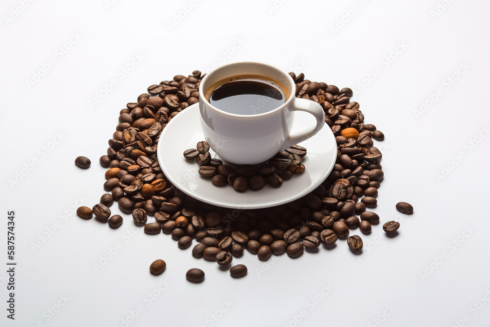 a cup of coffee with coffee beans around a saucer isolated on white background. Created with Generative AI Technology