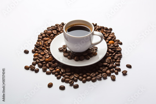 a cup of coffee with coffee beans around a saucer isolated on white background. Created with Generative AI Technology