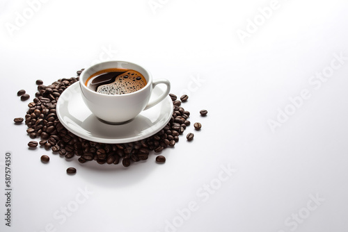 a cup of coffee with coffee beans around a saucer isolated on white background with copy space. Created with Generative AI Technology