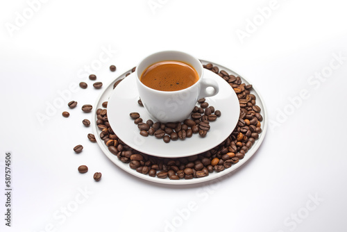 a cup of coffee with coffee beans around a saucer isolated on white background. Created with Generative AI Technology