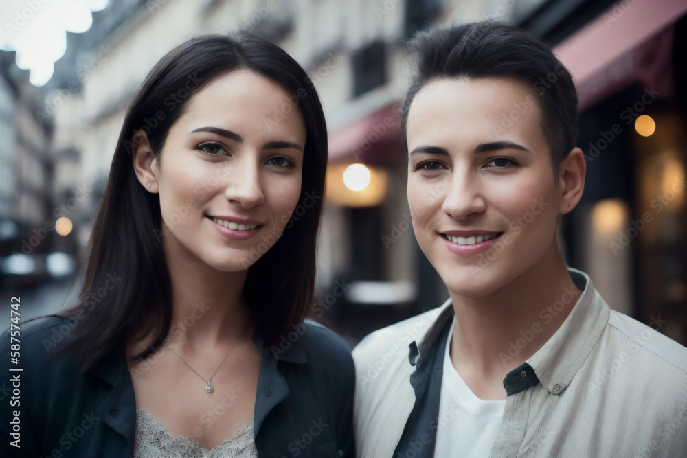 Fototapeta premium Happy young smiling family couple drinking coffee inside in a french cafe. Generative AI