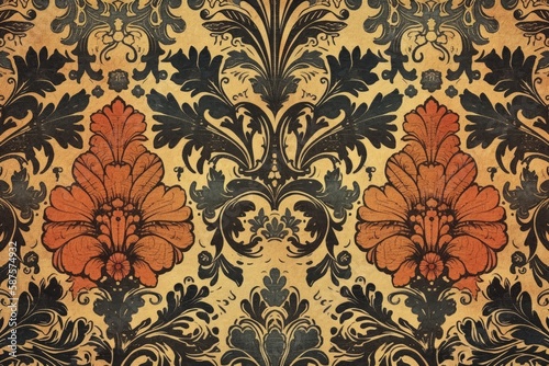 intricate orange and black floral pattern on a sunny yellow background. Generative AI