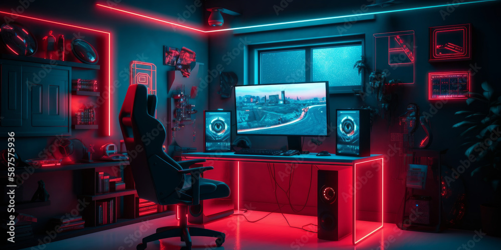 The ultimate gaming setup includes equipment and gear that is illuminated by red and blue light. - Generative AI The ultimate gaming setup includes equipment and gear that is illuminated by red and blue light. - Generative AI
