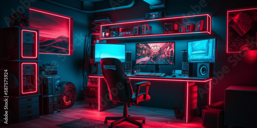 The ultimate gaming setup includes equipment and gear that is illuminated by red and blue light. - Generative AI