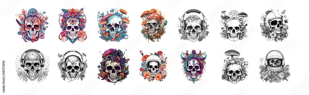 Fototapeta premium Mexican gothic skull with different attributes, flowers, headphones in a spacesuit illustration made using artificial intelligence