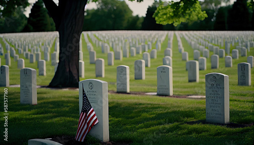 an american flag laying on the headstones of gravestones at arlington war cemetery in arlington, maryland, united states. Generative AI photo
