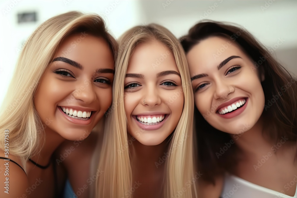 Close-up of three beautiful girls smiling happily at the camera. A selfie of a woman at home. AI-generated images Close-up of three beautiful girls smiling happily at the camera. A selfie of a woman at home. AI-generated images