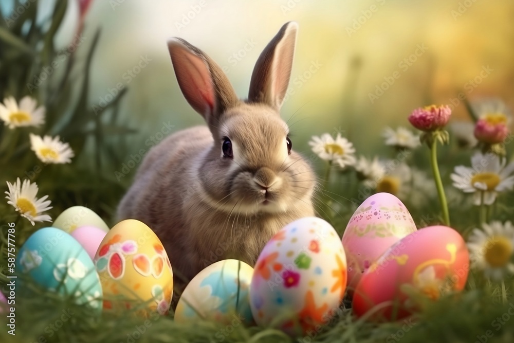 Bunny with easter eggs on flowery meadow. Created using Generative AI. Bunny with easter eggs on flowery meadow. Created using Generative AI.