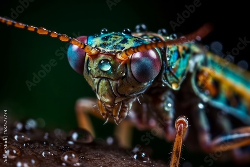 Close-up of a colourful Insect perched on wood with vibrant, exquisite patterns and water droplets. Macrophotography © AI Visual Vault