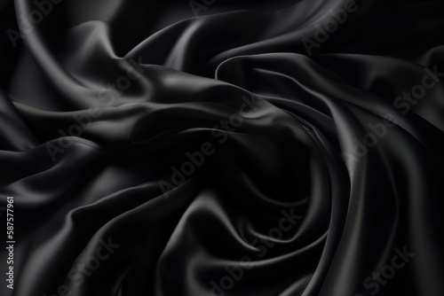Black color silk textile background. Dark satin fabric texture. Luxury wavy backdrop. Generative AI