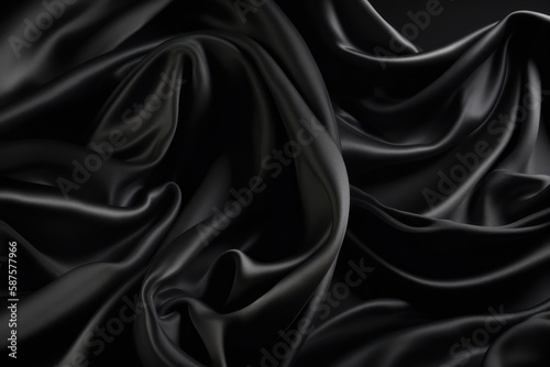 Black color silk textile background. Dark satin fabric texture. Luxury wavy backdrop. Generative AI