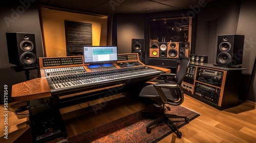 A fully equipped recording studio with a giant soundboard, audio hardware, speakers, monitors, and acoustically treated for optimal sound quality, generative ai photo