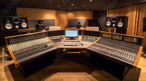 A fully equipped recording studio with a giant soundboard, audio hardware, speakers, monitors, and acoustically treated for optimal sound quality, generative ai