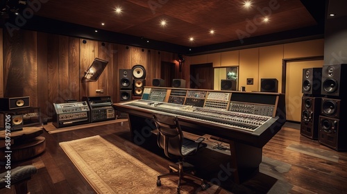 A fully equipped recording studio with a giant soundboard, audio hardware, speakers, monitors, and acoustically treated for optimal sound quality, generative ai photo