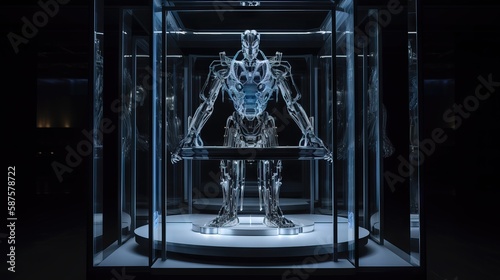 A towering, menacing steel robot on display in a gallery, boasting advanced technology and the capability to destroy entire cities. Its human-sized frame features a skeletal structure, generative ai