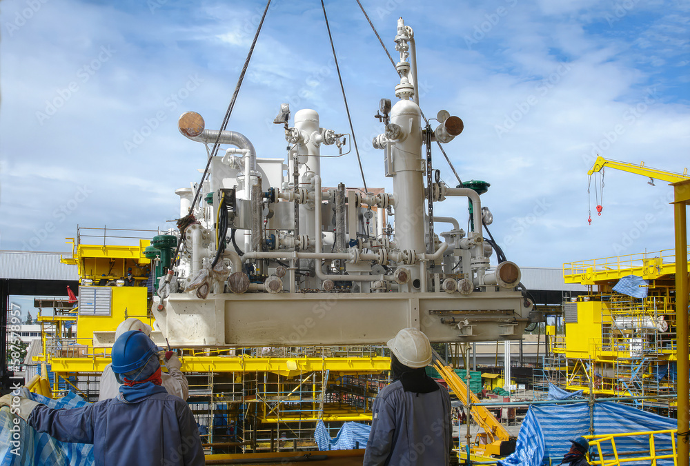 Oil rig platform construction site and worker concept. Oil rig platform construction site and worker concept.