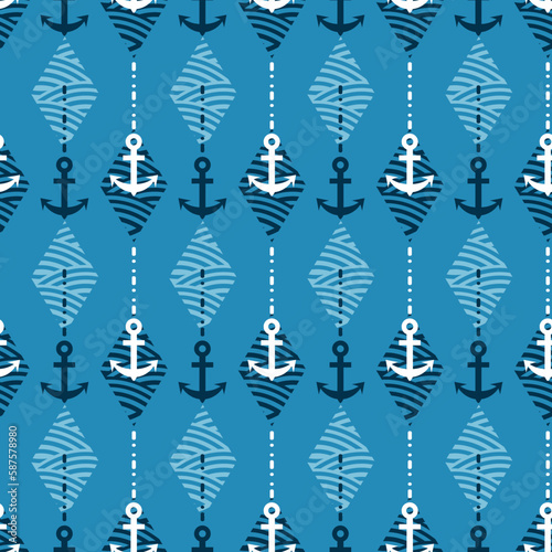 Blue Ocean Ship Anchor Vector Graphic Seamless Pattern