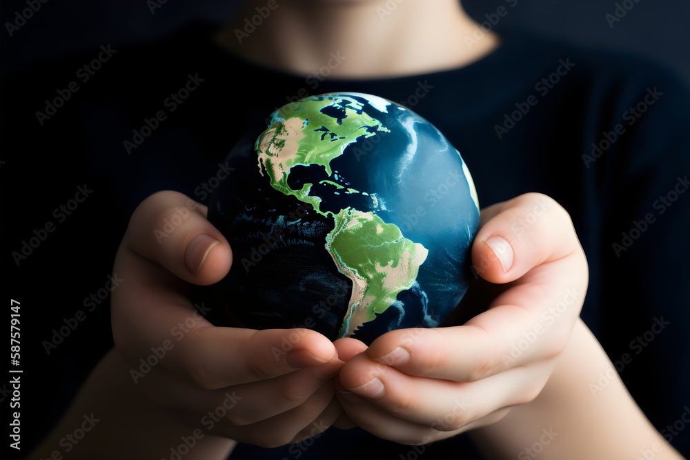 child holding earth in hands showing america for earth day, made with generative ai child holding earth in hands showing america for earth day, made with generative ai
