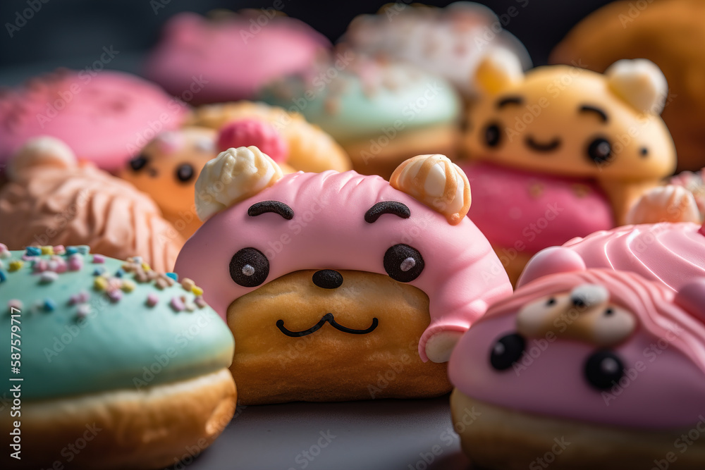 Set of baked pastries in kawaii style. Close-up of sweet funny decorated dessert with positive teddy bear face. Generative AI