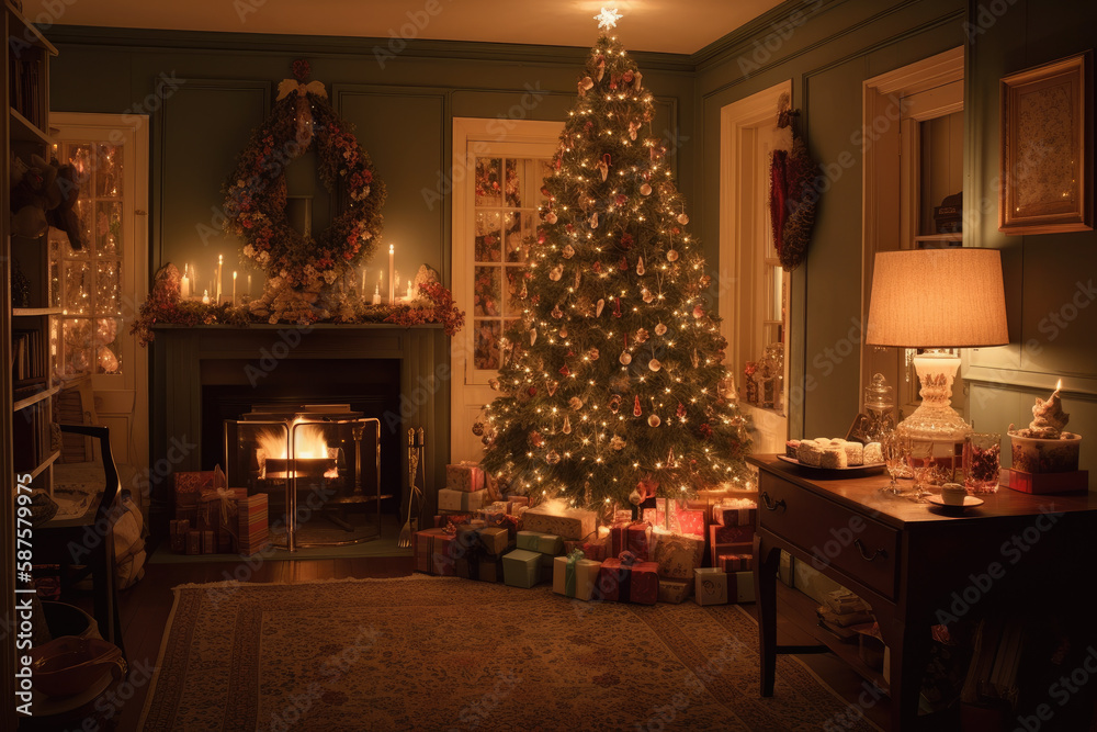 a living room with a christmas tree in the corner and presents on the floor next to the fireplace mantel. Generative AI