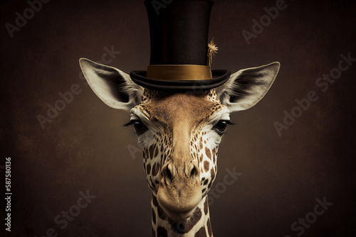 Giraffe wearing a top hat, whimsical, fantasy animal. Close-up image of a giraffe wearing a top hat. Steampunk frog wearing a hat concept illustration. AI-generated image.