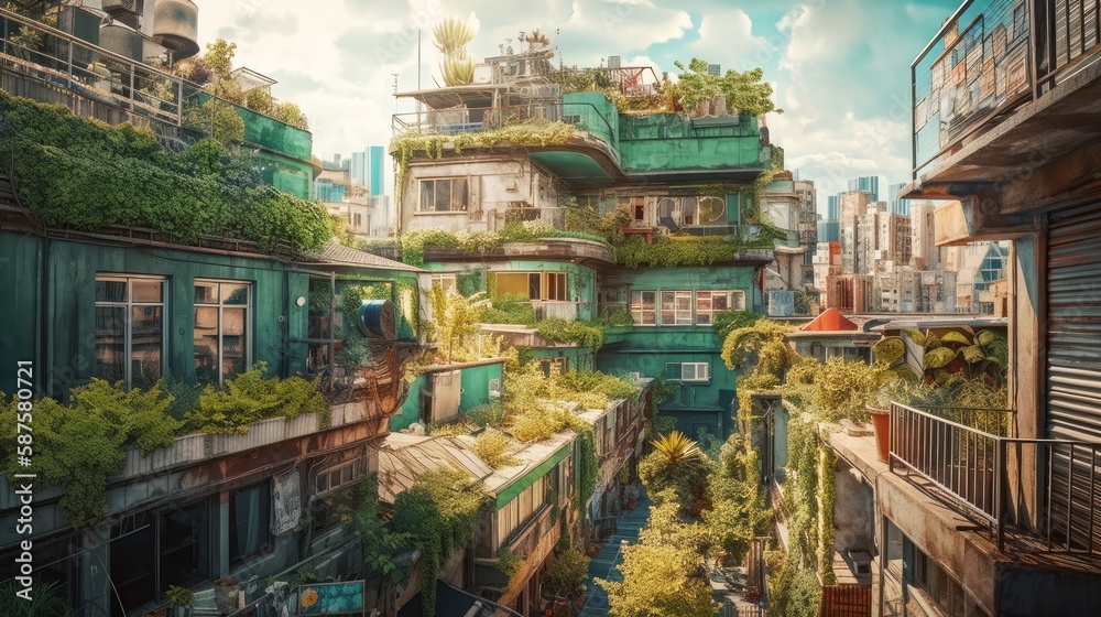 緑化した街並み　エコ　イメージイラスト　generative AI