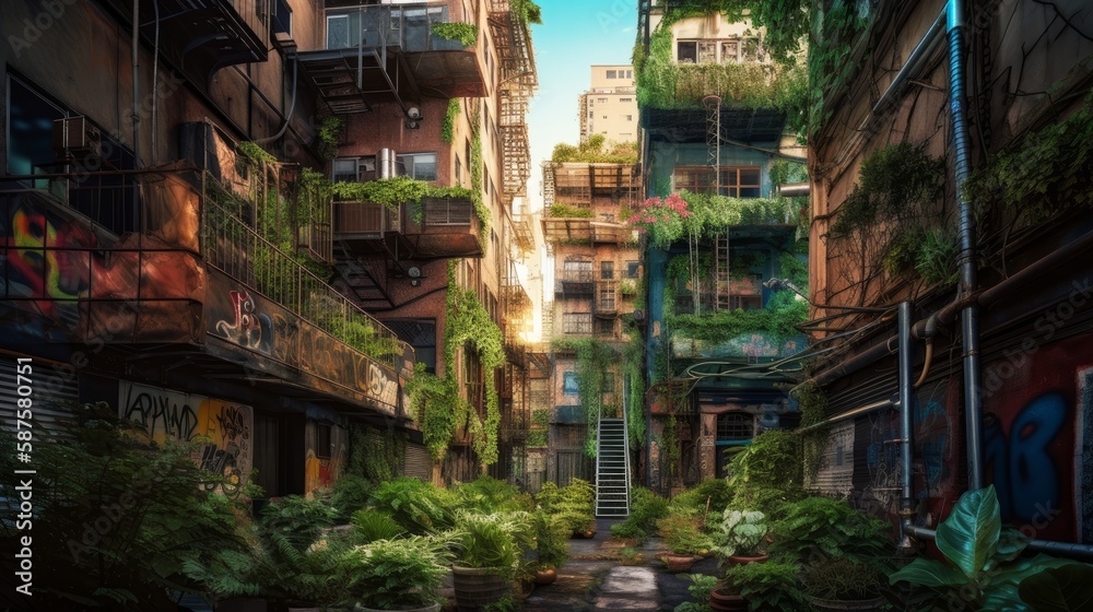 緑化した街並み　エコ　イメージイラスト　generative AI