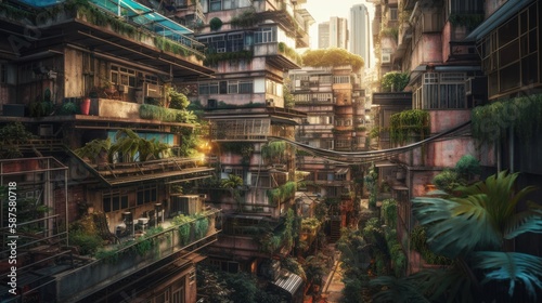 緑化した街並み エコ イメージイラスト generative AI