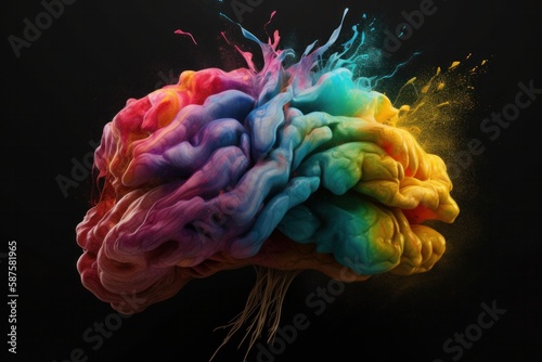 Illustration of a vibrant, multicolored brain against a dark background - LGBTQI+ Created with Generative AI technology