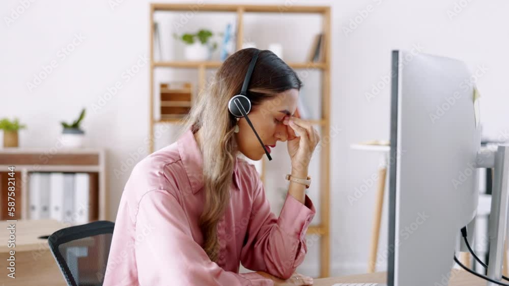 Tired business woman, call center and headache in stress, burnout or talking to difficult client in customer service at office. Exhausted and frustrated female consultant or agent annoyed on computer