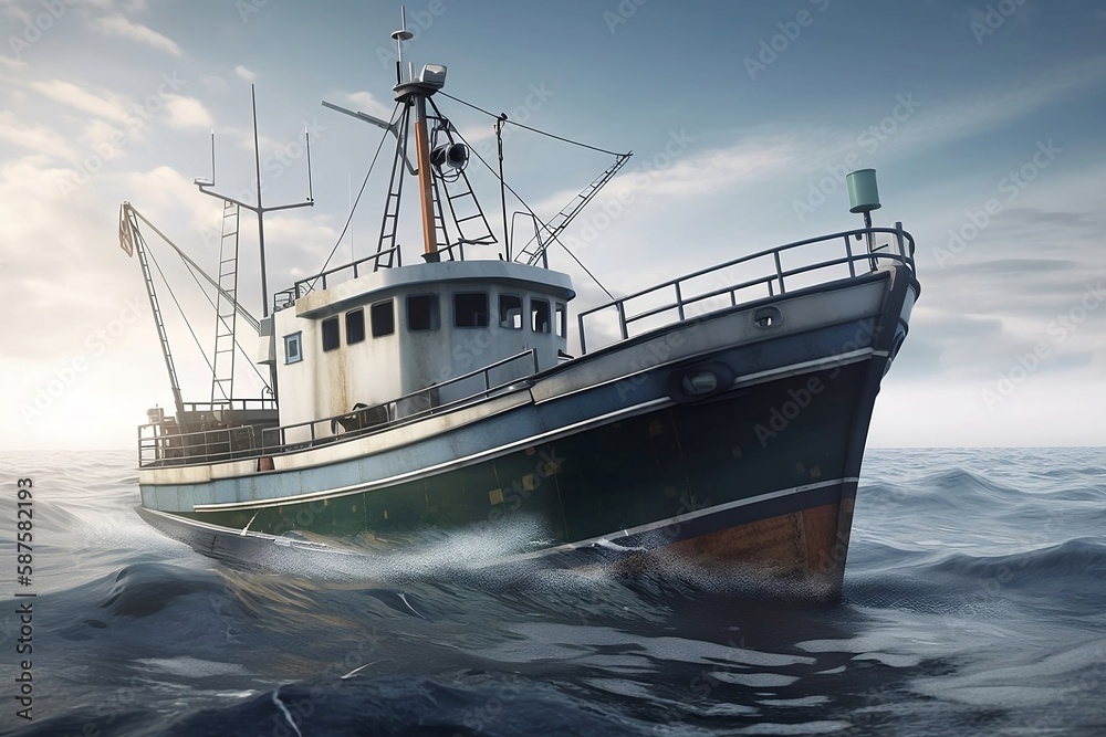 Sailing the Vast Ocean. A Large Fishing Ship on the High Seas