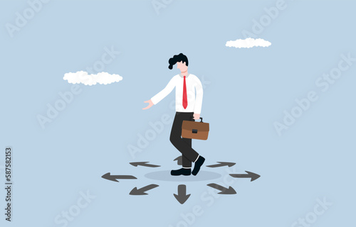 Choosing the right business direction, finding solution to solve problem, confusion, hesitation and uncertainty concept, Businessman standing among many arrows with different directions.