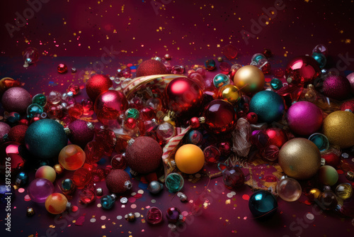 christmas balls and cons on a dark red background with gold, silver, and blue ornaments scattered around them. Generative AI