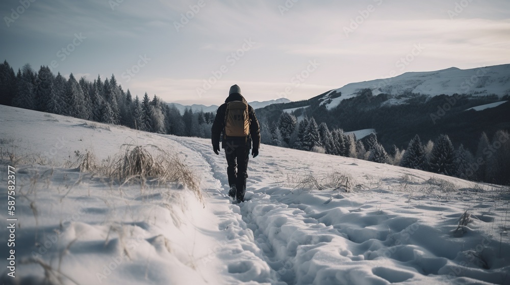 Hiker with backpack walking on snowy trail in winter mountains. Travel and adventure concept.Winter landscape.Generative Ai