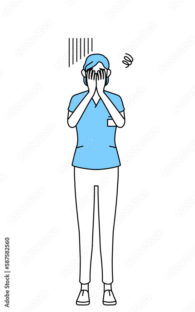 落ち込んで顔を覆う中年・シニア女性看護師、理学療法士、作業療法士、言語聴覚士、看護助手