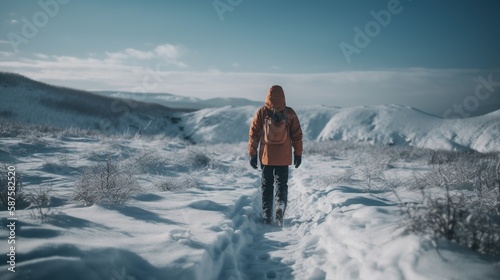 Hiker with backpack walking on snowy trail in winter mountains. Travel and adventure concept.Winter landscape.Generative Ai