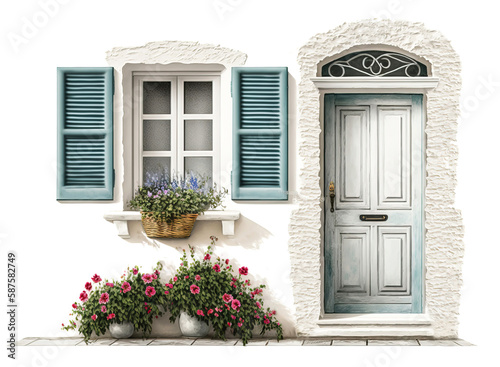 Tablou canvas White house with blue door and shutters and pretty flower pots and window boxes