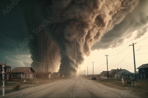 tornado destructive large dust tornado running through town, Generative AI 