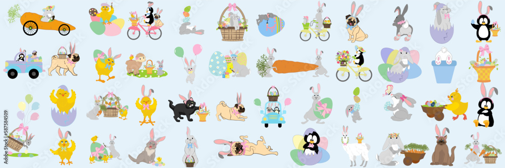 Easter animals set. Chick, rabbit, pug, penguin vector illustration Easter animals set. Chick, rabbit, pug, penguin vector illustration
