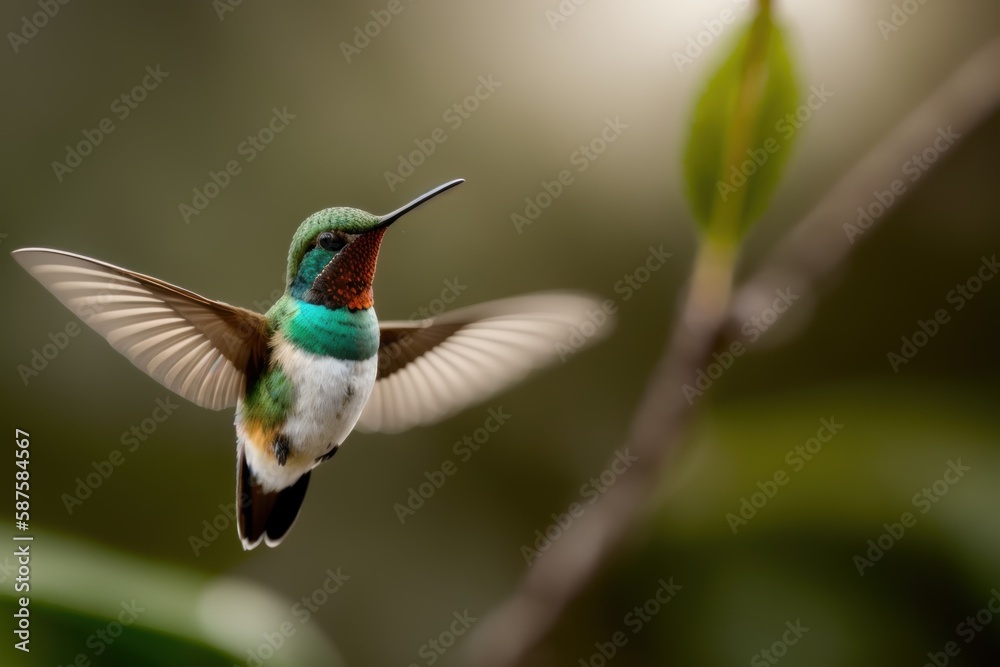 Fototapeta premium Rufous Hummingbird flying and aiming on a flower nectar in a tropical rainforest. Wildlife concept of ecological environment. Generative AI