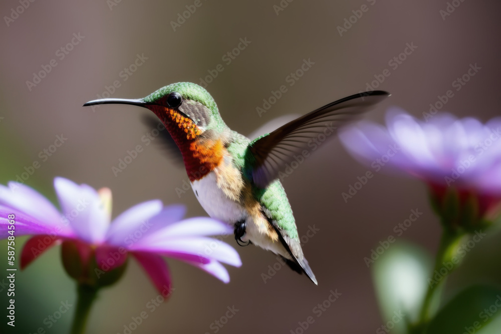 Fototapeta premium Rufous Hummingbird flying and aiming on a flower nectar in a tropical rainforest. Wildlife concept of ecological environment. Generative AI