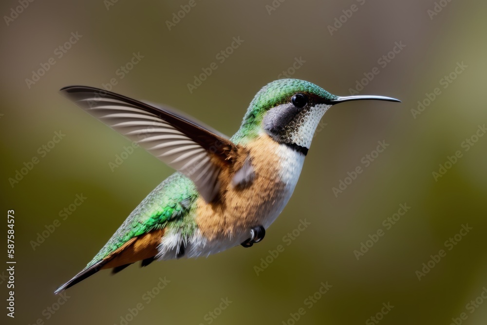 Fototapeta premium Rufous Hummingbird flying and aiming on a flower nectar in a tropical rainforest. Wildlife concept of ecological environment. Generative AI
