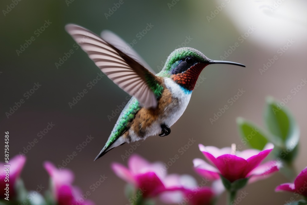 Fototapeta premium Rufous Hummingbird flying and aiming on a flower nectar in a tropical rainforest. Wildlife concept of ecological environment. Generative AI