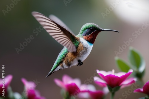Rufous Hummingbird flying and aiming on a flower nectar in a tropical rainforest. Wildlife concept of ecological environment. Generative AI © mikhailberkut