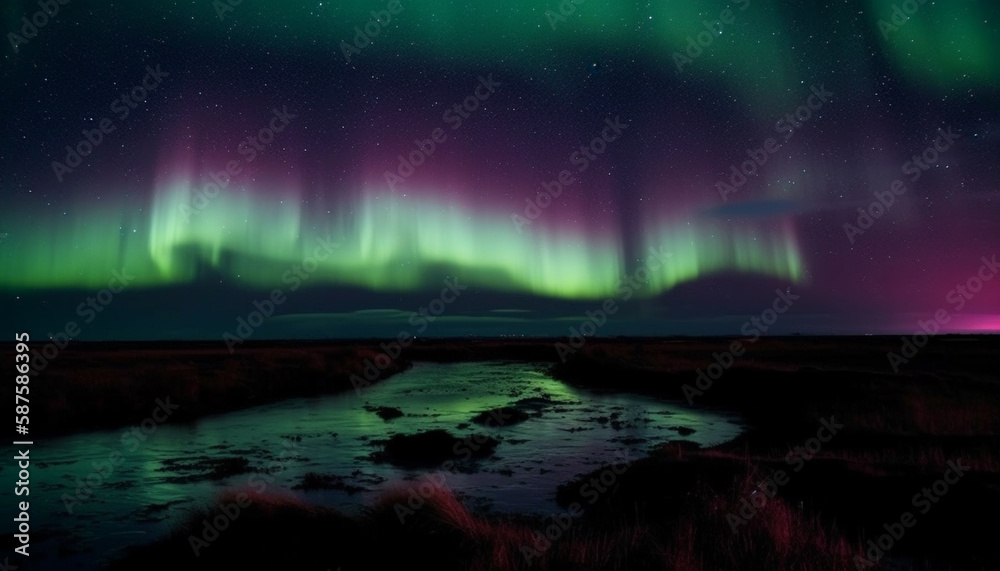 Majestic mountain range illuminated by aurora borealis generated by AI