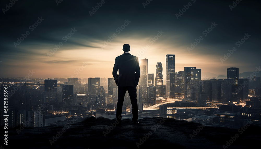 City businessman standing on skyscraper, back lit silhouette generated by AI City businessman standing on skyscraper, back lit silhouette generated by AI