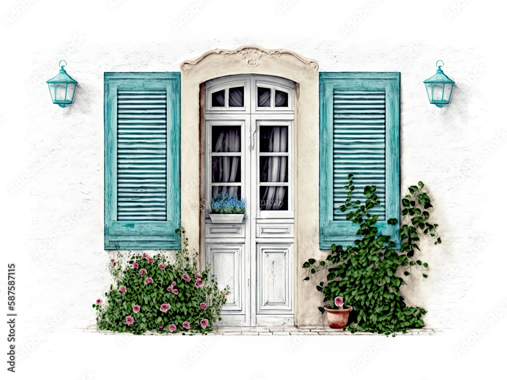White house with turquoise door, shutters and lamps with pretty flower pots and a window box.  AI generated background illustration in a detailed watercolor style