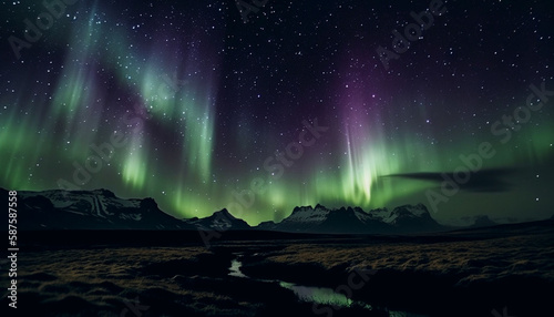 Majestic mountain range illuminated by star field generated by AI