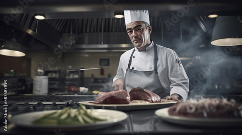 italian chef cooking steak in a busy kitchen in the background with Generative AI